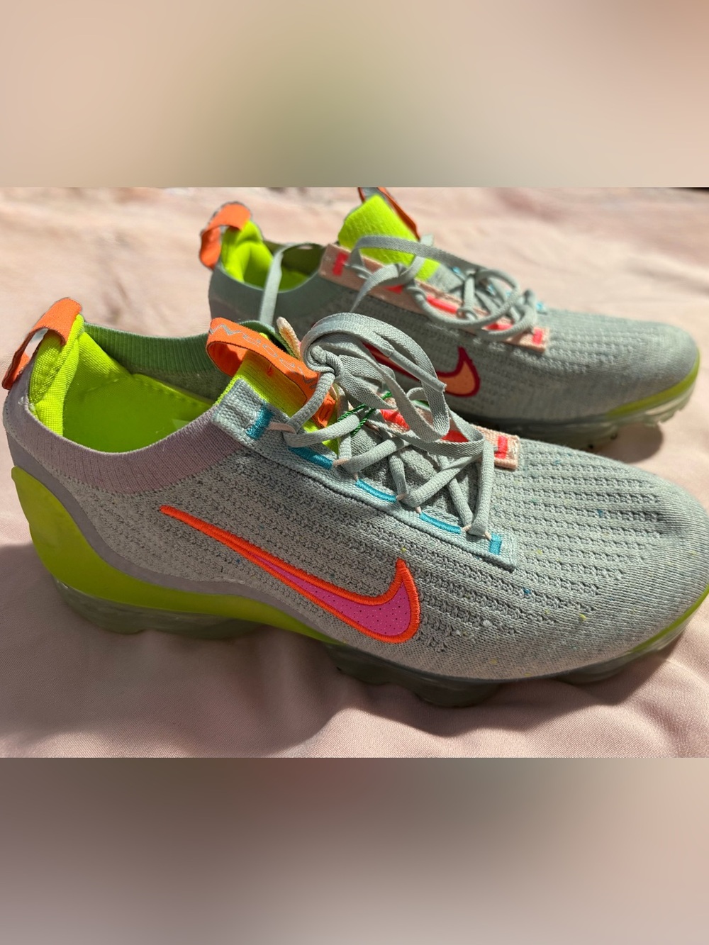 Nike Kids Grey Flyknit Sneakers with Neon Pink & Lime Accents